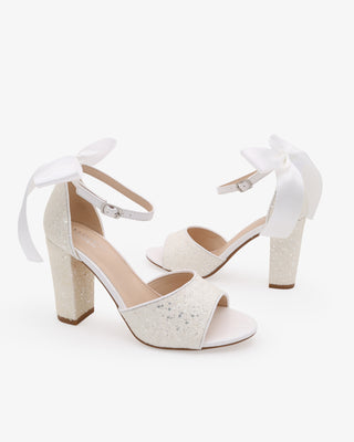 White Wedding Sparkly Tall Block Heel with Long Bow