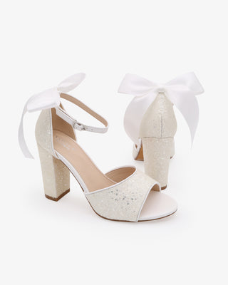White Wedding Sparkly Tall Block Heel with Long Bow