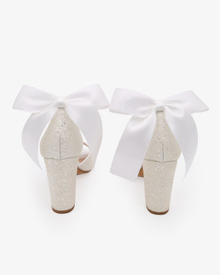 White Wedding Sparkly Tall Block Heel with Long Bow