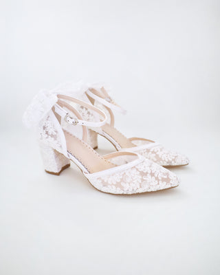 white lace wedding shoes with block heels