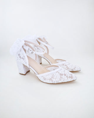 lace block heel white wedding shoes