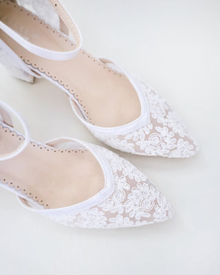 lace block heel white wedding shoes