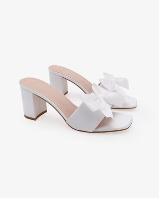 White Satin Block Heels Slide Wedding Sandals with Satin Bow