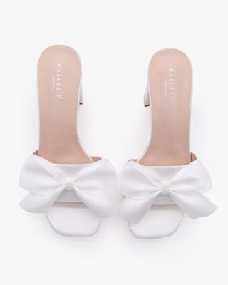 White Satin Block Heels Slide Wedding Sandals with Satin Bow