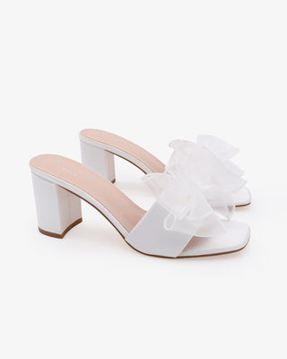 White Satin Block Heels Wedding Slide Sandals with Layered Organza Bow