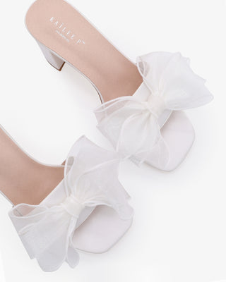 White Satin Block Heels Wedding Slide Sandals with Layered Organza Bow