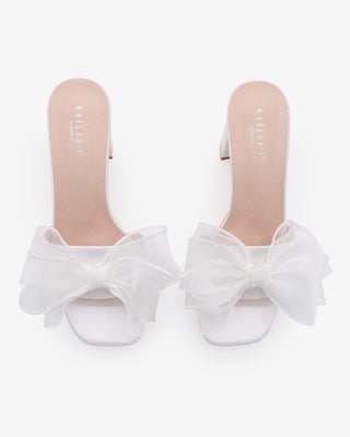 White Satin Block Heels Wedding Slide Sandals with Layered Organza Bow