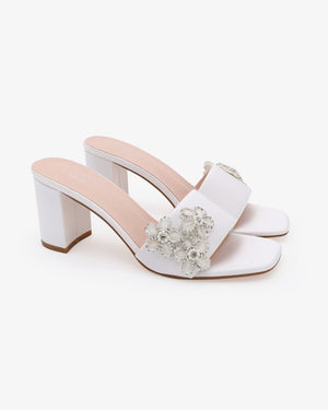 Satin Block Heels Slide Wedding Sandals with Rhinestones Chassia Flower