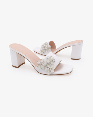 White Satin Block Heels Slide Wedding Sandals with Rhinestones Chassia Flower