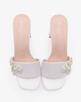 White Satin Block Heels Slide Wedding Sandals with Rhinestones Chassia Flower