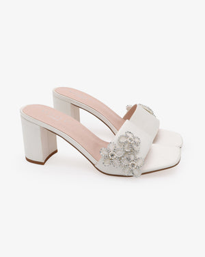 Satin Block Heels Slide Wedding Sandals with Rhinestones Chassia Flower