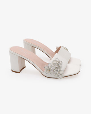 Ivory Satin Block Heels Slide Wedding Sandals with Rhinestones Chassia Flower