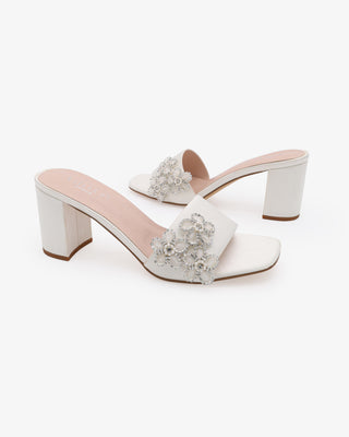 Ivory Satin Block Heels Slide Wedding Sandals with Rhinestones Chassia Flower