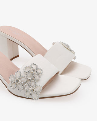 Ivory Satin Block Heels Slide Wedding Sandals with Rhinestones Chassia Flower