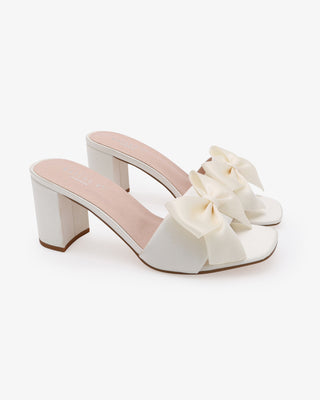 Ivory Satin Block Heels Slide Wedding Sandals with Satin Bow