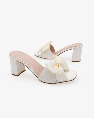 Ivory Satin Block Heels Slide Wedding Sandals with Satin Bow