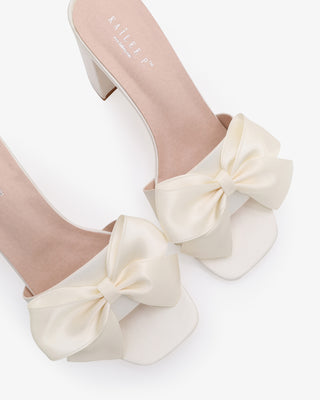 Ivory Satin Block Heels Slide Wedding Sandals with Satin Bow