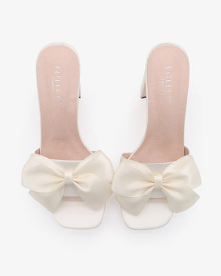 Ivory Satin Block Heels Slide Wedding Sandals with Satin Bow