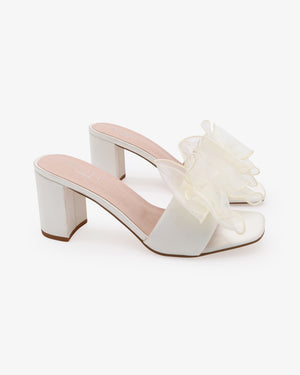 Satin Block Heels Wedding Slide Sandals with Layered Organza Bow