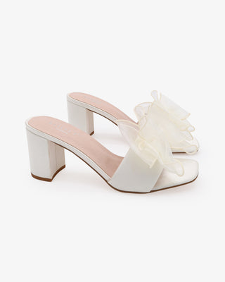 Ivory Satin Block Heels Wedding Slide Sandals with Layered Organza Bow