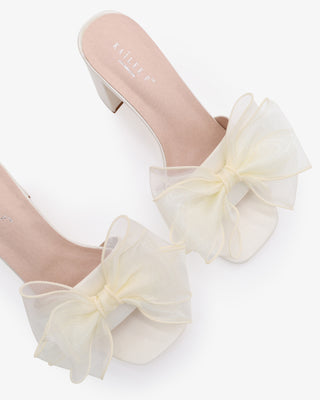 Ivory Satin Block Heels Wedding Slide Sandals with Layered Organza Bow