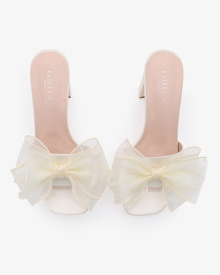 Ivory Satin Block Heels Wedding Slide Sandals with Layered Organza Bow