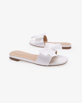 White satin wedding flat Sandals with white satin bow