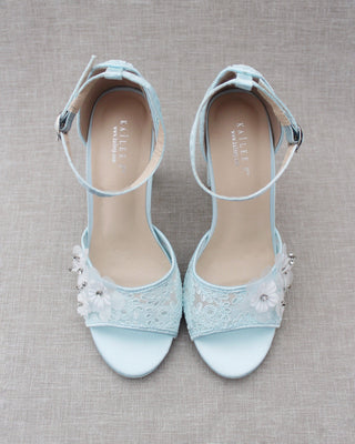 Light Blue Crochet Lace Block Heel Sandals with White Flower AppliquesWomen Shoes