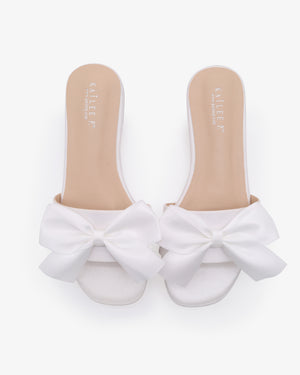 White Satin Slip on Wedding Sandals with Satin Bow, Bridal Sandals