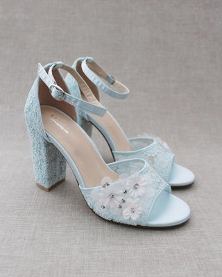Light Blue Crochet Lace Block Heel Sandals with White Flower AppliquesWomen Shoes