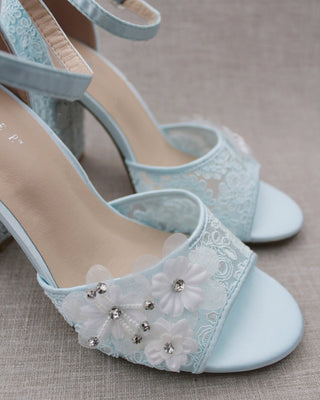 Light Blue Crochet Lace Block Heel Sandals with White Flower AppliquesWomen Shoes