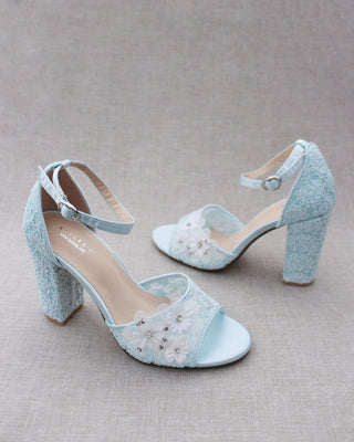 Light Blue Crochet Lace Block Heel Sandals with White Flower AppliquesWomen Shoes