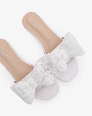 Satin Slip on Sandals with with Oversized Crochet BowWomen Shoes