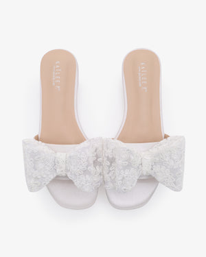 Satin Slip on Sandals with with Oversized Crochet Bow