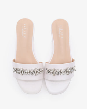 Satin Slip on Sandals with with Floral Rhinestones