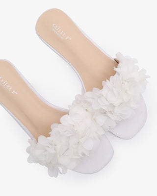 White satin wedding flat Sandals with allover chiffon flowers