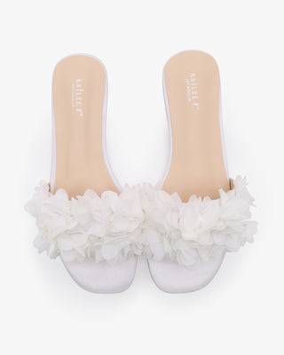 White satin wedding flat Sandals with allover chiffon flowers