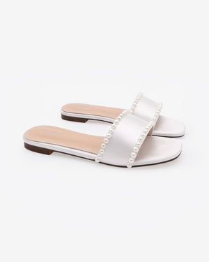 White Satin Slip on Sandals with Pearls
