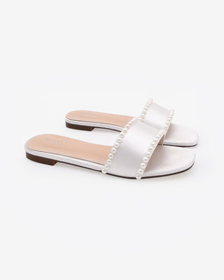 White Satin Slip on Wedding Sandals with Pearls