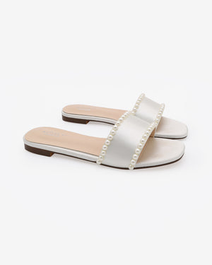 Ivory Satin Slip on Sandals with Pearls