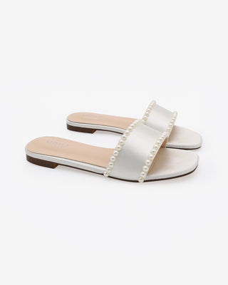 Ivory Satin Slip on Sandals with PearlsWomen Shoes