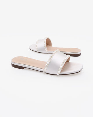 White Satin Slip on Wedding Sandals with Pearls