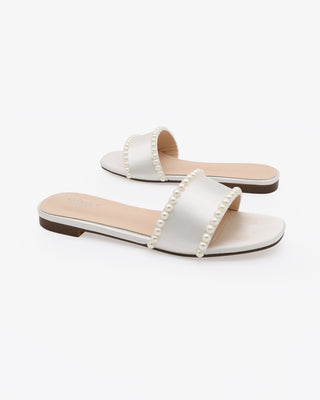 Ivory Satin Slip on Sandals with PearlsWomen Shoes