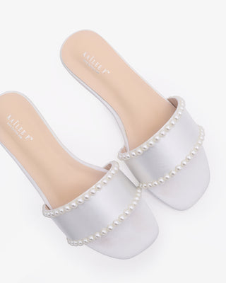 White Satin Slip on Wedding Sandals with Pearls