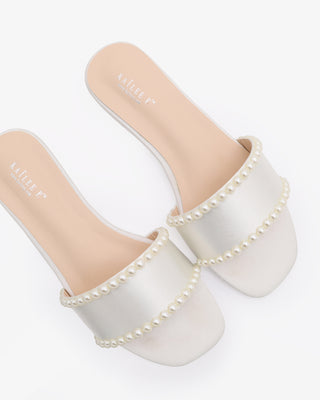 Ivory Satin Slip on Wedding Sandals with pearls