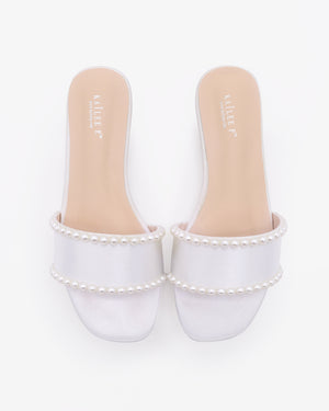 White Satin Slip on Sandals with Pearls