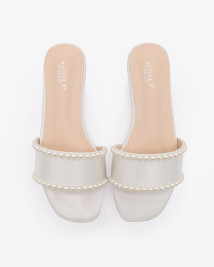 Ivory Satin Slip On Sandals with Pearls