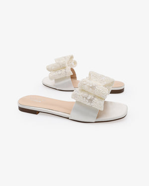 Satin Slip on Sandals with with Oversized Crochet Bow