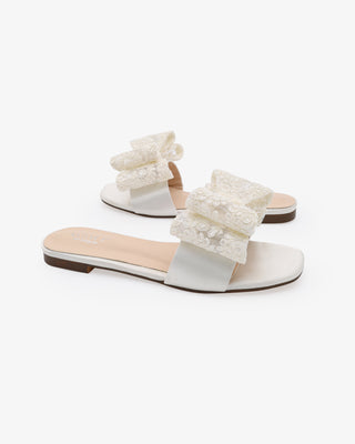 Satin Slip on Sandals with with Oversized Crochet BowWomen Shoes