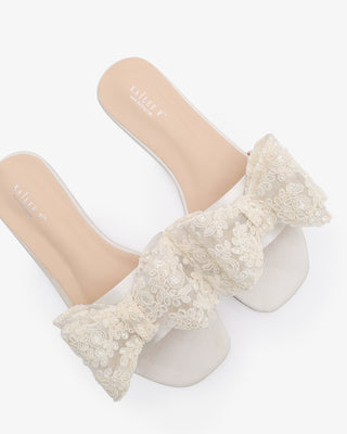 Satin Slip on Sandals with with Oversized Crochet BowWomen Shoes